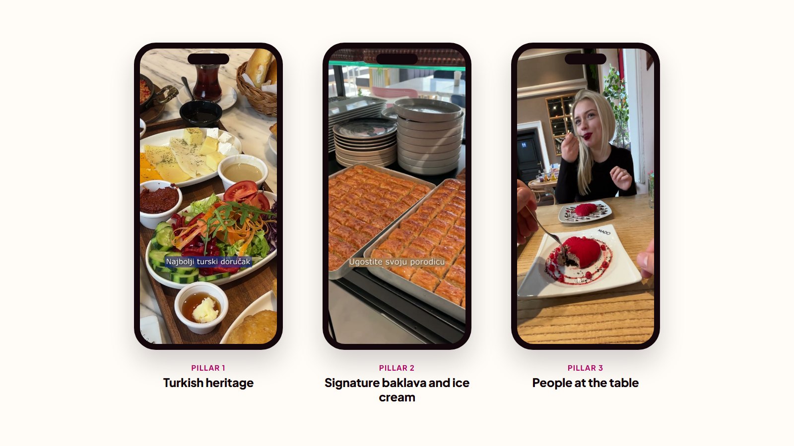 Three phones showing Mado Reels: a Turkish breakfast spread, trays of baklava, and a Valentine's Day dessert at the table