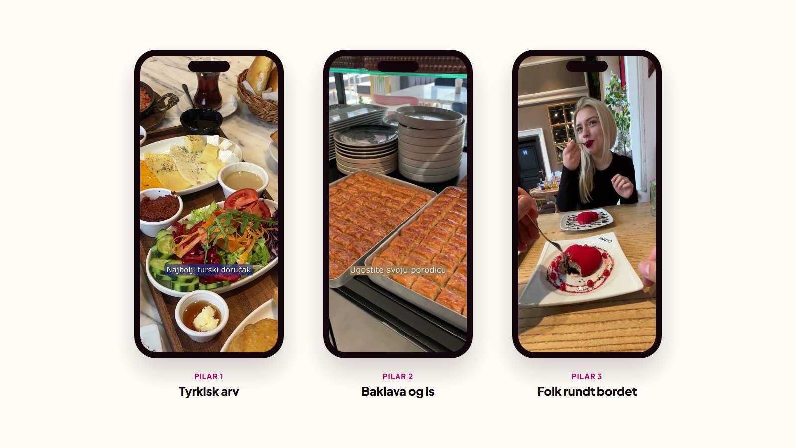 Tre mobiler med Reels for Mado: tyrkisk frokost, brett med baklava og en dessert på valentinsdagen