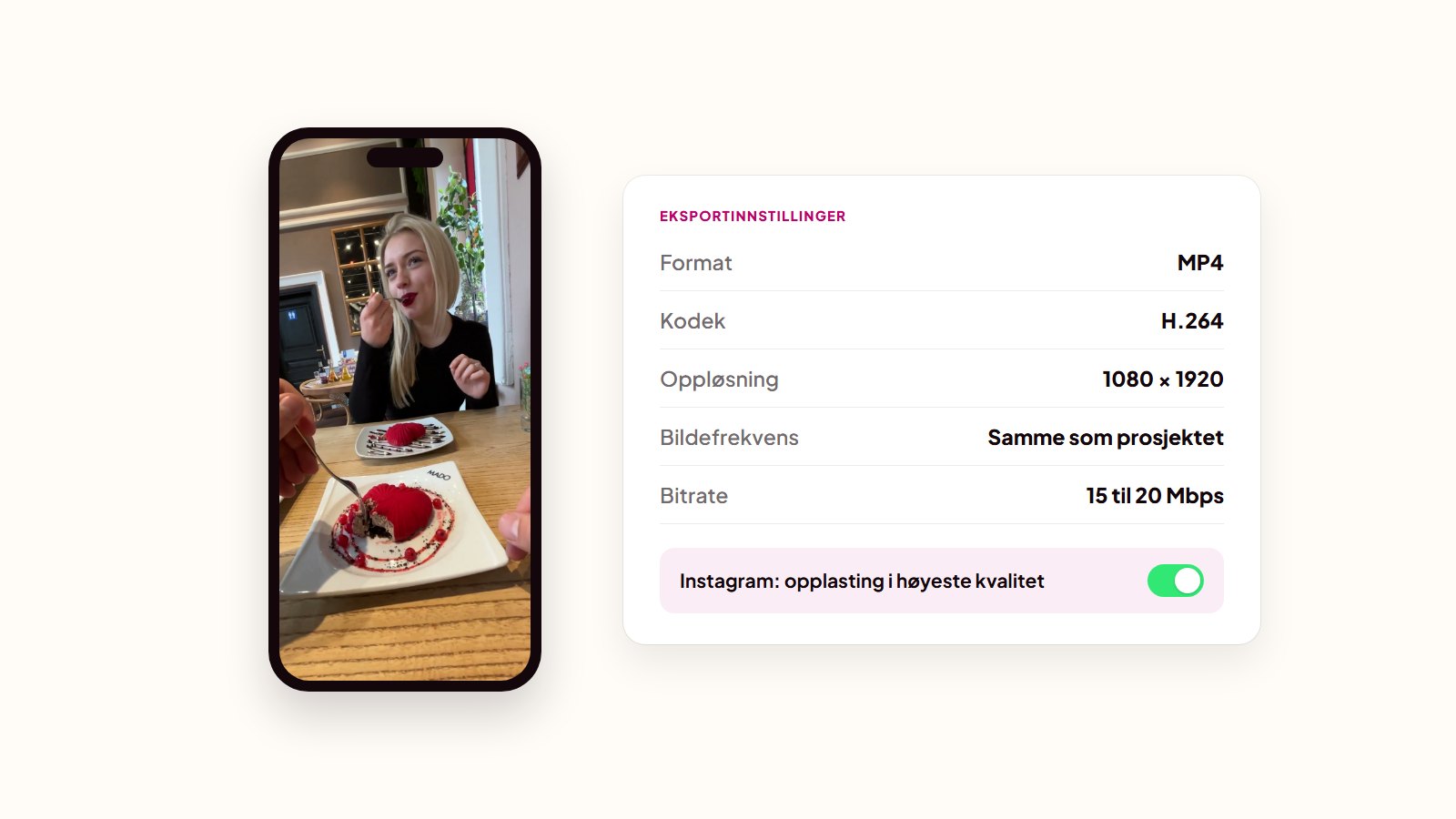 Eksportinnstillinger for en Reel: MP4, H.264, 1080 x 1920, prosjektets bildefrekvens, 15 til 20 Mbps og opplasting i høyeste kvalitet slått på i Instagram